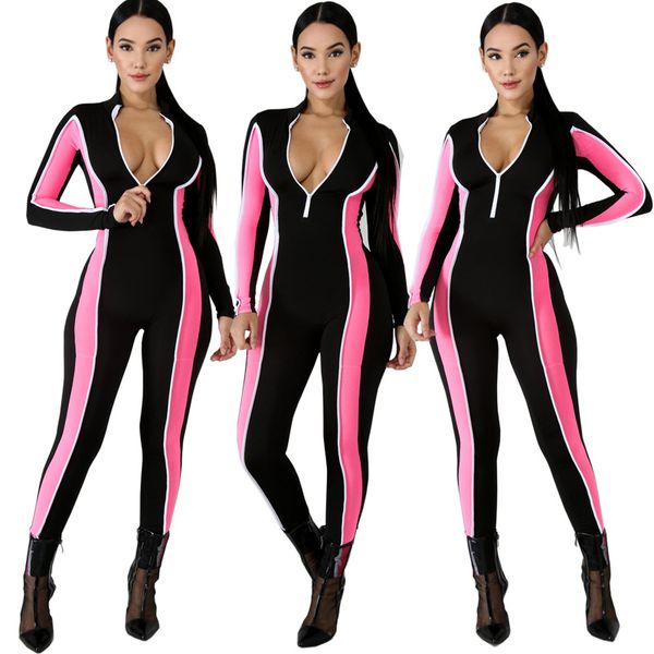 

color patchwork female push up sporting fitness jumpsuits spring women full sleeve zipper turtleneck skinny bodysuit overalls, Black;white