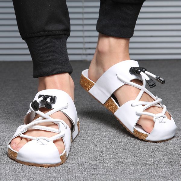 

2018 summer leather men slippers beach shoes men flip flops flat heels platform bandage male slides casual slippers, Black