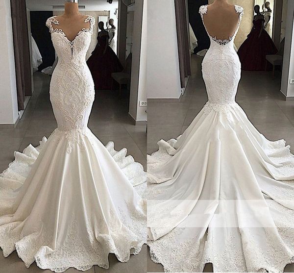 

иллюзия назад русалка свадебные платья 2020 свадебное платье роскошные кружева из бисера pearls оборками суд поезд сад платье-де-novia, White