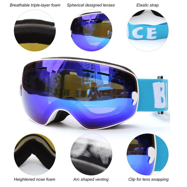 

anti-slip strap helmet compatible children skiing snowboarding skating goggles uv protection anti-fog wide spherical pc lens