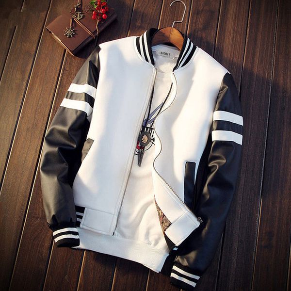 

yuwaijiaren new arrival spring autumn men's jacket splicing pu sleeve coat casual baseball jacket and coat men sweatshirts y190923, Black;brown