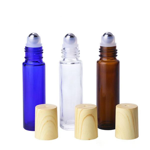

10ml blue clear amber empty roll on glass perfume bottles stainless steel roller refillable roll bottles with wooden grain cover