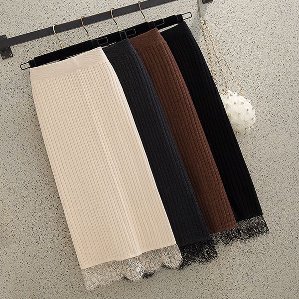 

2019 autumn winter jupe femme high waist elastic split warm thick long knitted skirt ladies casual splice lace bodycon skirt, Black
