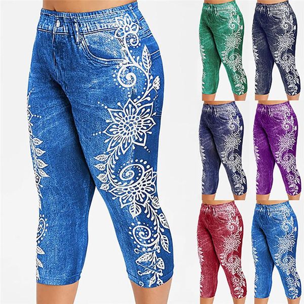 

leggings imitate jeans printed yoga stretch sports pants fitness high waist leggings ladies sweatpants trousers women mid calf, Black;white