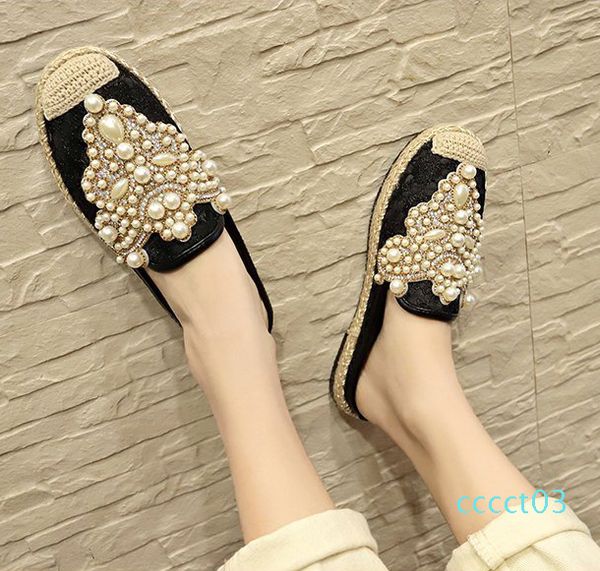 

ake sia fashion pearly crystal lace casual women female mujer lazy slip-on half slippers plimsolls loafers mules flat shoes ct03, Black