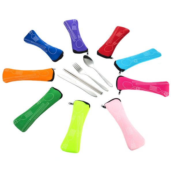 

4 pcs/set stainless steel fork spoon chopsticks travel ourdoor camping cutlery tools portable stainless steel tableware 9 colors