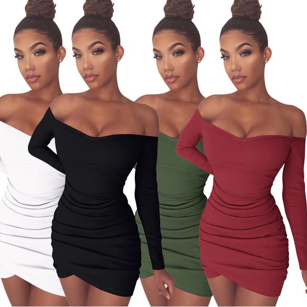

womens bodycon dresses designer slash neck a line long sleeve above knee solid color female clothing fashion style casual apparel, Black;gray