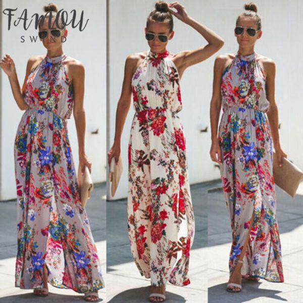 

womens boho lange maxi jurk lady avond party beach dress zonnejurk bloemen mouwloze lange jurk, Black;gray