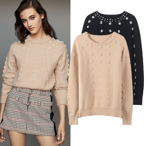 

new autumn and winter elegant pearl decorative loose round neck pullover sweater for women, White;black