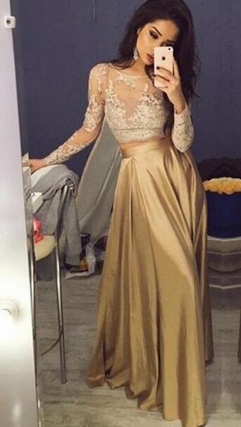 

beautiful lace long sleeve gold two piece evening dresses 2020 satin prom gowns sheer golden mother of the bride dresses, Black;red