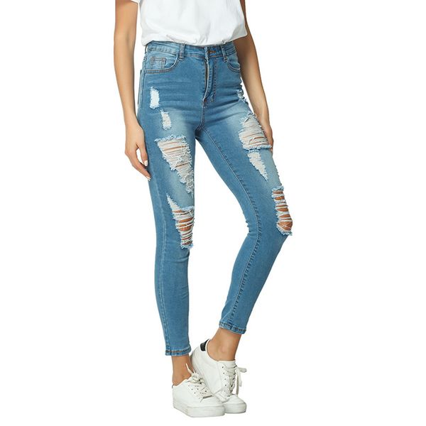 

jeans woman spring summer high waist stretch ripped hole ankle length skinny slim denim pants for women plus size, Blue