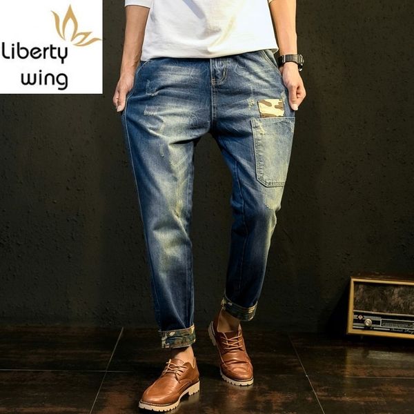 

men's jeans japanese harajuku men zipper spring fashion full loose fit harem male ripped pants plus size40 42, Blue