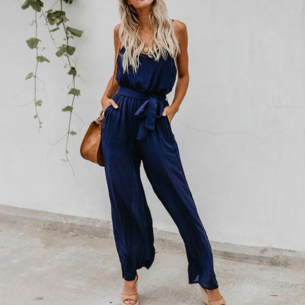 

women backless rompers solid long camisole elastic waist jumpsuit with belt sashes pockets sleeveless pleated rompers f4, Black;white