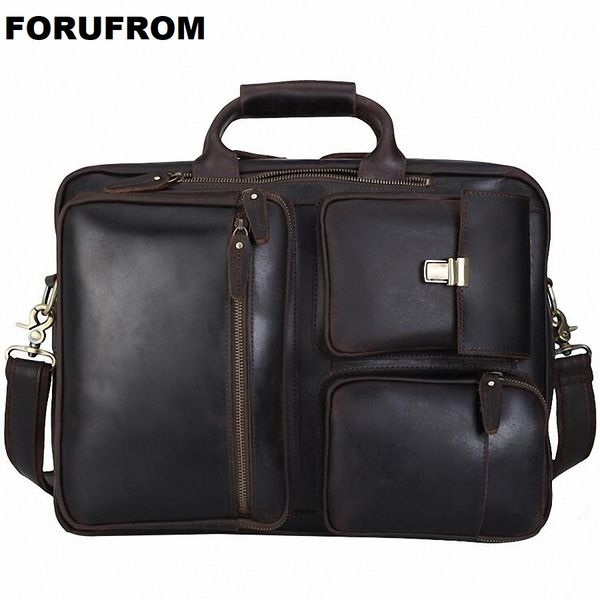 

vintage leather men briefcase multifunction cowhide bag on business suitcase crazy horse leather lapbags 2019 design li-2554