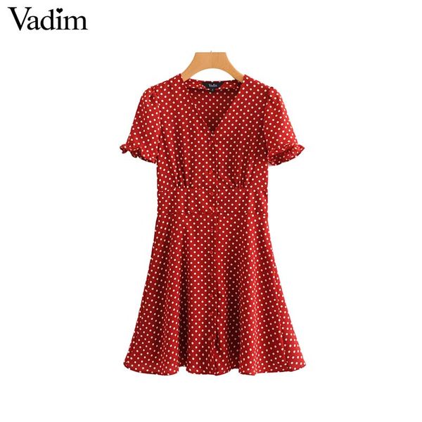 

vadim women sweet ruffled dot pattern dress v neck short sleeve pleated ladies summer cute mini dresses vestidos qa327, White;black