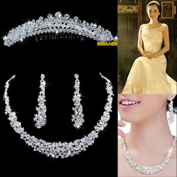 

bride wedding jewelry sets rhinestone earring necklace women crown party full dress accessories modeling pgraphy decorate, Silver