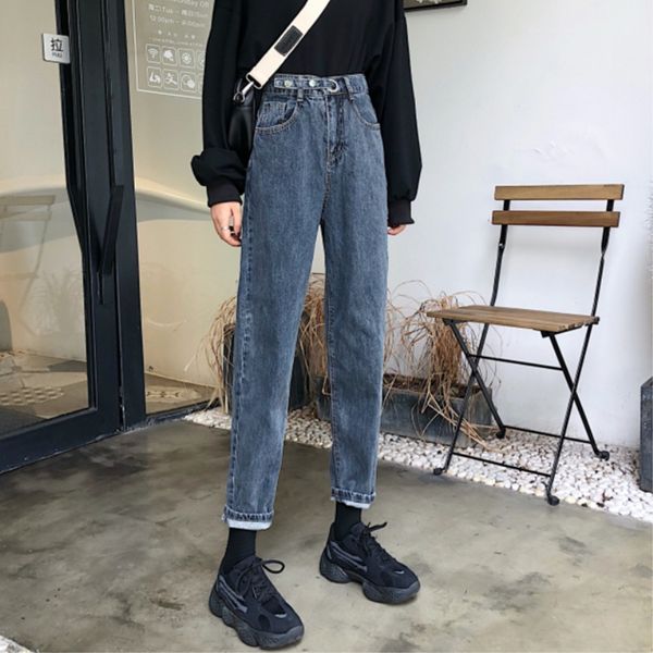 

jeans mujer 2020 spring vaqueros korean fashion streetwear harem pants denim casual loose high waist push up cropped jeans women, Blue