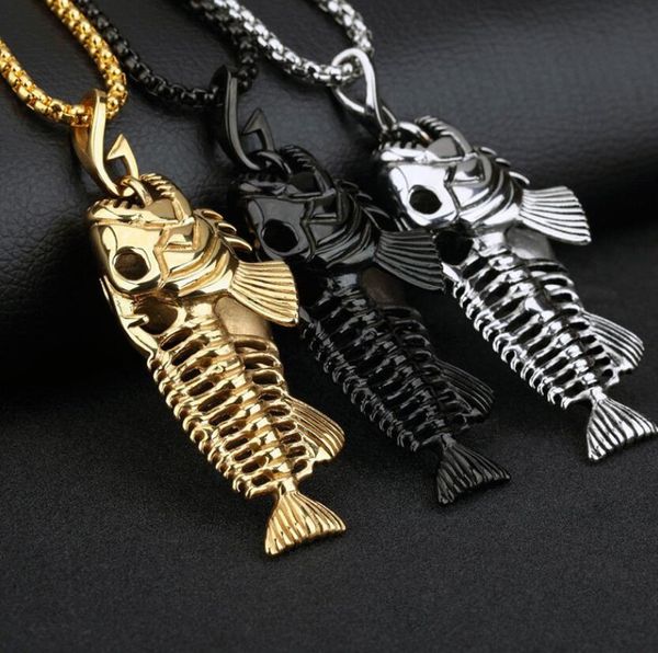 

new big fish bone pendant necklaces with fishing hook stainless steel/gold/black gun plated men punk biker jewelry perfect gifts dhl, Silver