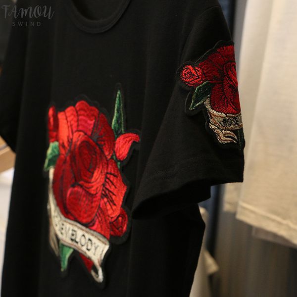 

rose embroidery tees 2020 women summer short sleeve t shirt fashion cotton loose korean t shirts tx037, White