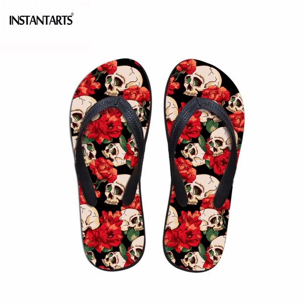 

instantarts big size 35-42 women slippers vintage punk skull flip flops for ladies summer beach sandals home slippers flipflop, Black