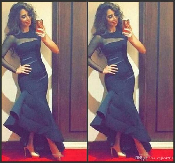 

sheer один длинными рукавами вечерние платья высокая низкая ruched атласная вечернее платье партии южной африки коктейльное платье черный ру, Black