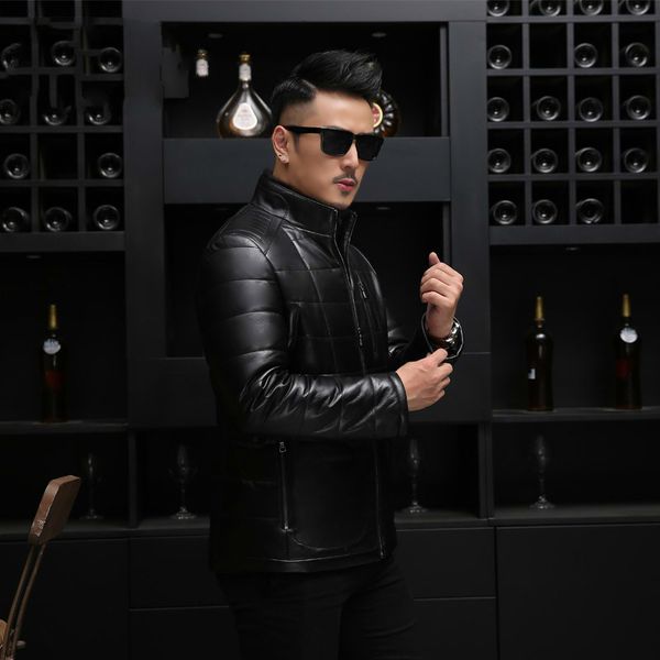 

2020 leather jacket men collar jacket plus size winter sheepskin men's duck down coat jaqueta de couro 18017 yy575, Black