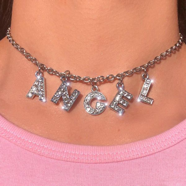 

angel big letter bling bling 90s aesthetic tumblr chain necklace women choker unif bitch daddy night club cool accessory unisex, Silver