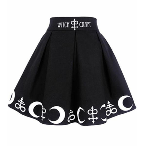 

witch moon printed harajuku punk rock gothic summer women skirts high waist mini skirt pleated mini skirt for gothic girls mx200327, Black