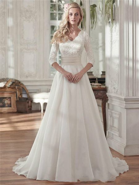 

2019 modest beaded lace a line wedding dresses with half sleeves vintage v neck sequin ruched organza plus size covered buttons bridal gown, White