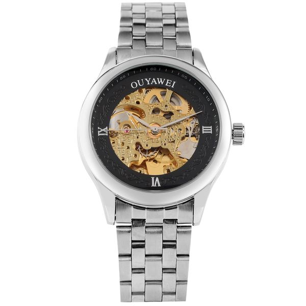 

luxury automatic mechanical watches for men skeleton clock waterproof watch stainless steel band self wind wristwatch relogio, Slivery;brown