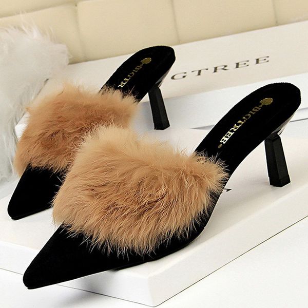

bigtree shoes kitten heels suede high heels women pumps comfort women shoes fur slippers pointed ladies, Black