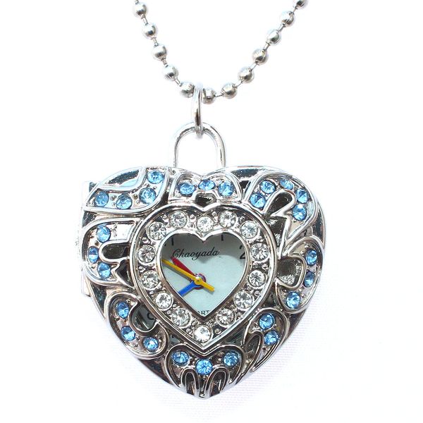 

new arrived heart shape fashion pendant pocket necklace watch women lady girl men gift gl18 with gift bag, Slivery;golden