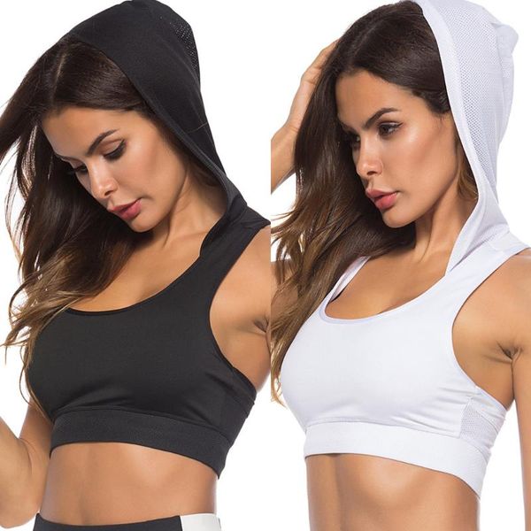 

sports wear for women gym bra o-neck sleeveless hood running mesh quick-drying yoga vest high stretch breathable fitness jogging, White;black