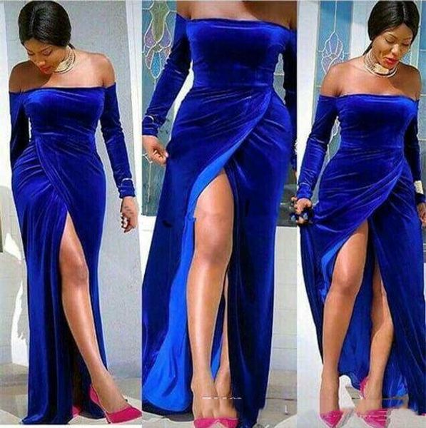 

plus size royal blue velvet side split prom dresses long sleeves bateau neck formal evening party gowns, Black
