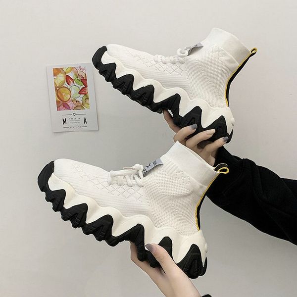 

newblack white femme chunky sock shoes trendy shoes woman high sneakers knitting platform casual flats a64-43, Black