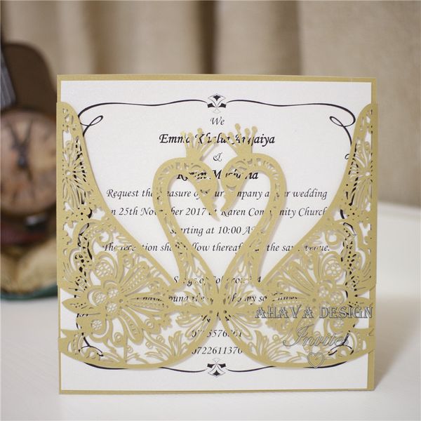 pearl deep gold laser cut pocket with envelope and customized insert elegant wedding invites two swans in love free shipped by ups pocket wedding elegant wedding invitation