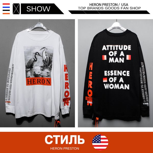 

Mens 2019 Luxury Designer Clothes Euramerican Hip-hop Popular Logo HERON PRESTON Long Shirt Loose Long Sleeve T-shirt Crpowerfule Printing