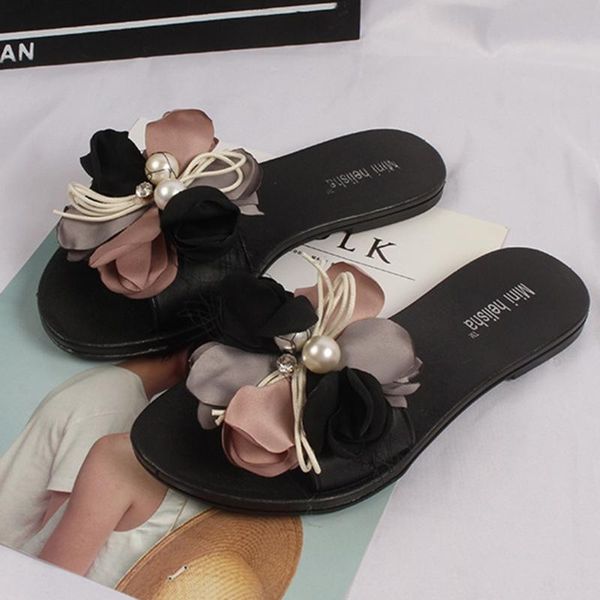 

fashion women shoes beach summer casual flat with slippers women sandals floral pearl flower shoes woman zapatos de mujer, Black