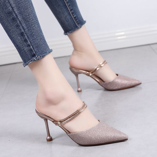 

female shoes slippers casual pointed toe flock women heels slides 2020 cover high thin summer fabric rome fashion pu, Black