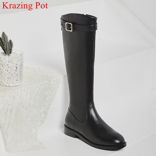 

krazing pot big size cow leather zipper round toe metal buckle knee high boots classic handmade riding boots winter shoes l02, Black