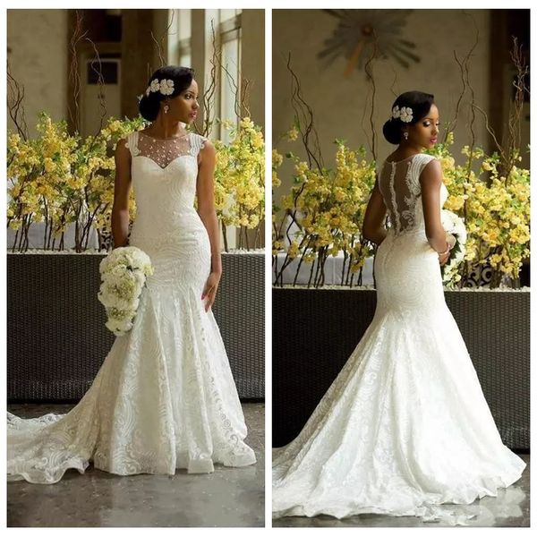 

2019 sheer lace mermaid wedding dresses slim long sleeveless bridal gowns customized plus size vestidos de marriage garden vintage, White