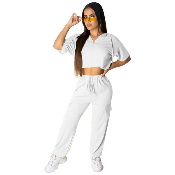 

women two piece set solid color hooded zipper sports suits female casual loose crop + long pants playsuit club tracksuit, White