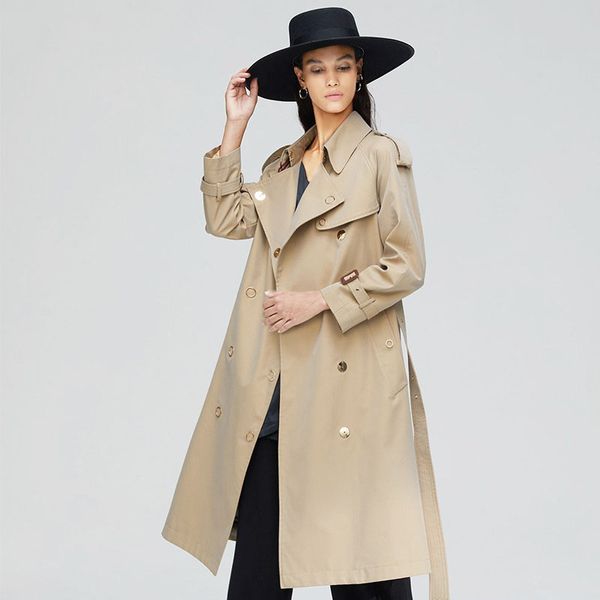 

2020 new fashion double breasted mid-long trench coat women khaki slim belt cloak mujer windbreaker female abrigos, Tan;black