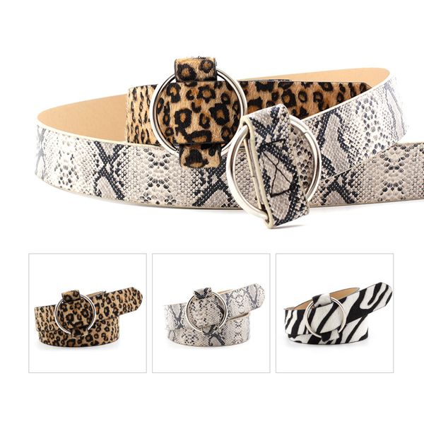 

2019 ring bucke belt for women leopard snake zebra leather silver ring buckle belts for ladies female waist belts, Black;brown