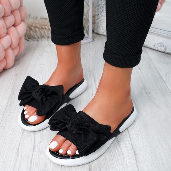 

summer womens casual slides bow-knot sandals comfortable beach slippers, Black
