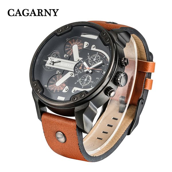 

cool big case men's watch man date dual times analog quartz watch men brand cagarny real leather strap d6820 miltiary relogio masculino, Slivery;brown
