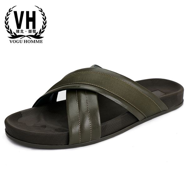 

slippers male leisure genuine leather outer wear beach sandals fender summer men genuine leather slippers cowhide, Black