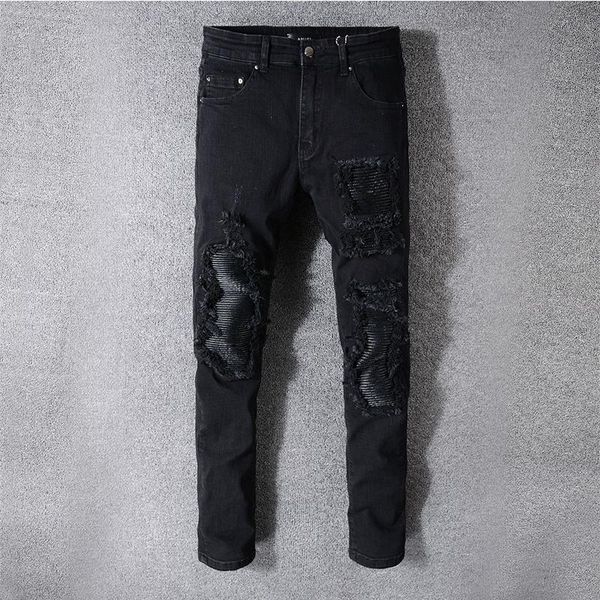 

mens distressed destroyed jeans fashion black solid pants casual slim fit patched male jeans denim trousers, Blue