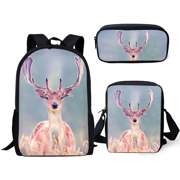 

elviswords children's backpack kawaii deer pattern school bags cute animal students 3pcs set backpack/messenger bags/pen bags