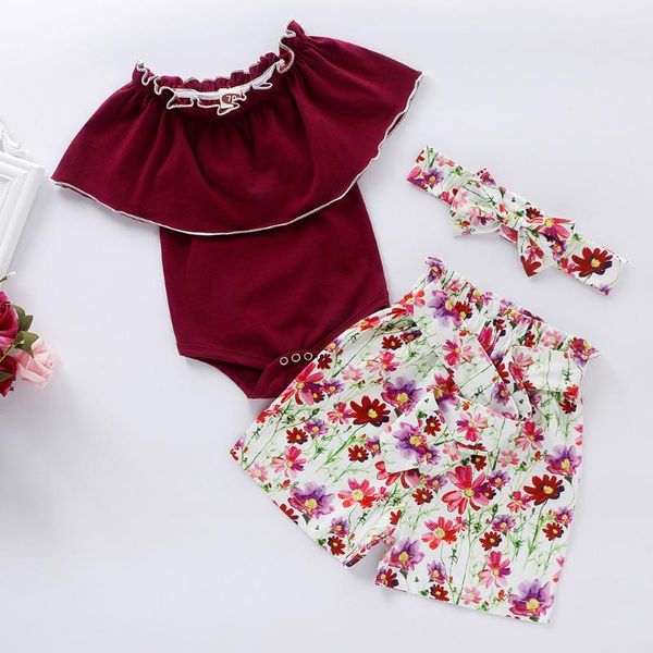 

newborn infant baby girls clothes solid ruffle romper+floral shorts+headband outfits set 2 pieces ruffles girl clothing ropa beb, White